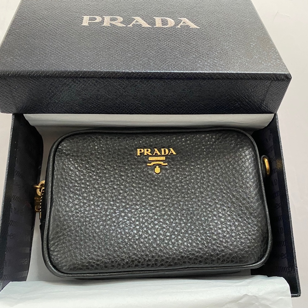 Prada Textured Black Crossbody Bag with Gold Details